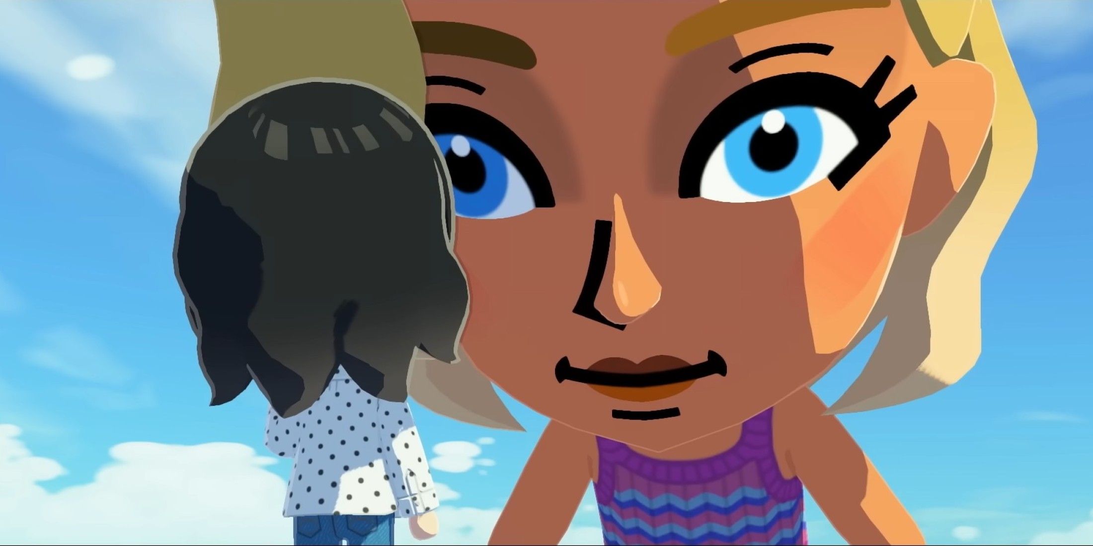 A giant woman looking at a mii in Tomodachi Life Living the Dream.