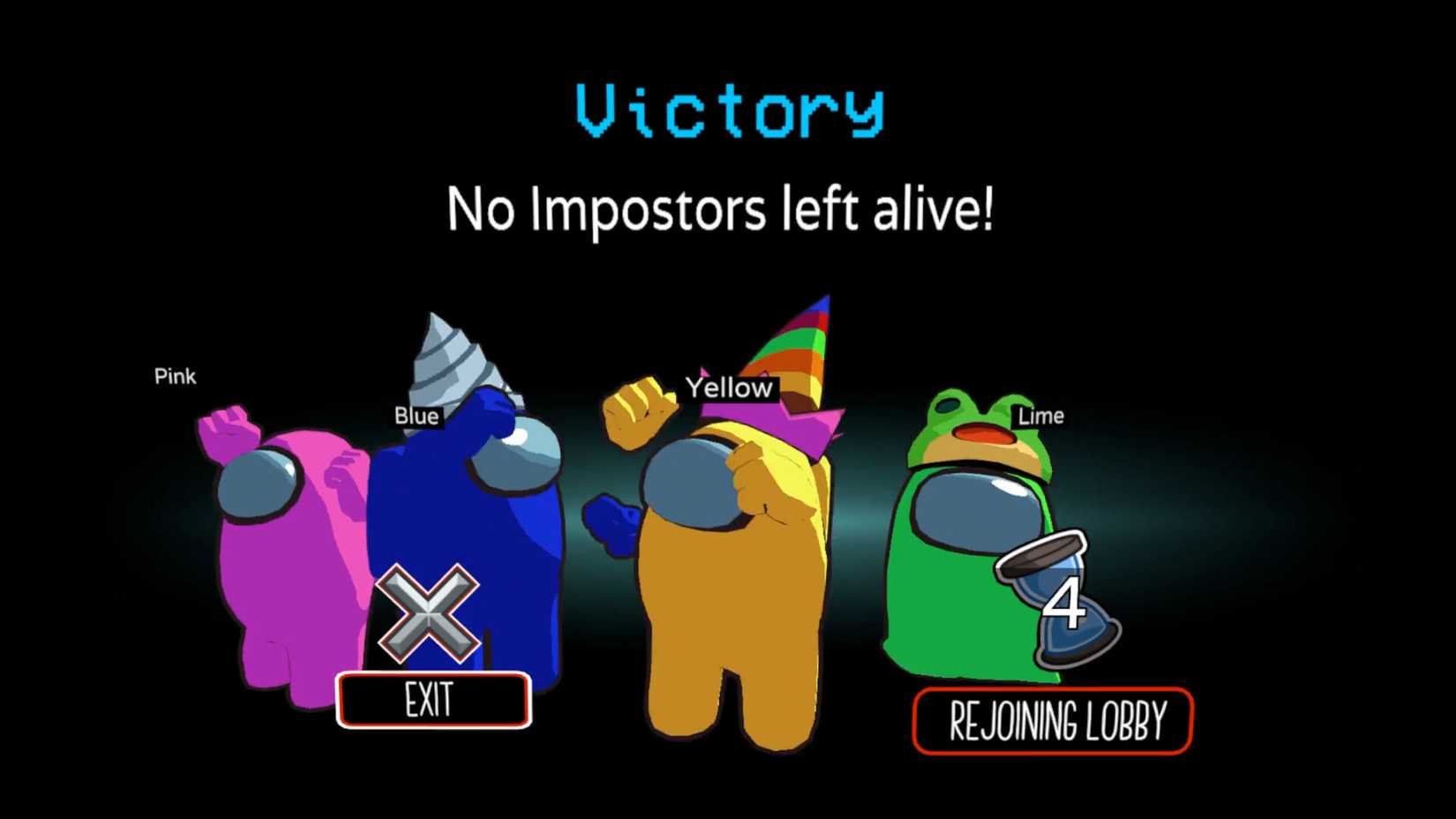 Among us 3d screenshot of four characters celebrating a victory