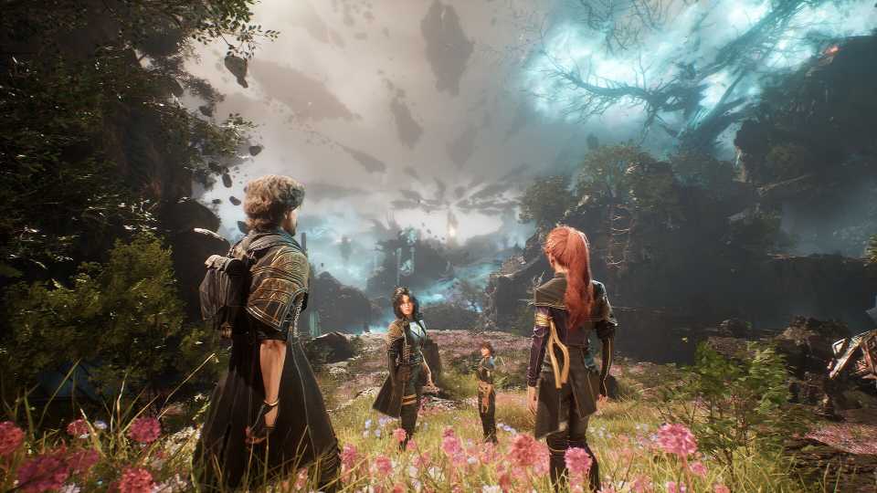 Clair Obscur: Expedition 33 character standing in a field of flowers with a dark sky