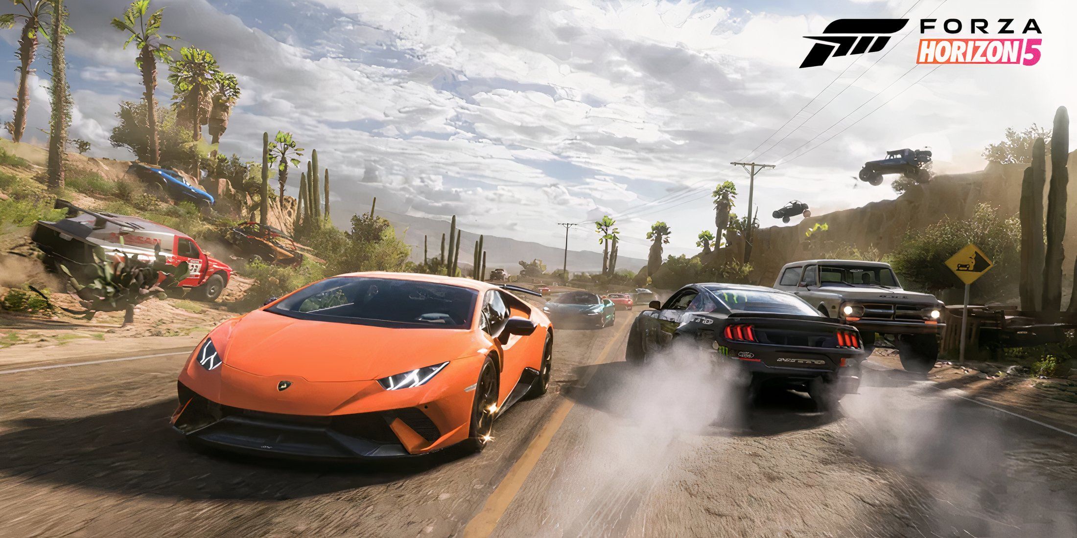 Cars racing including a lambo in Forza Horizon 5.