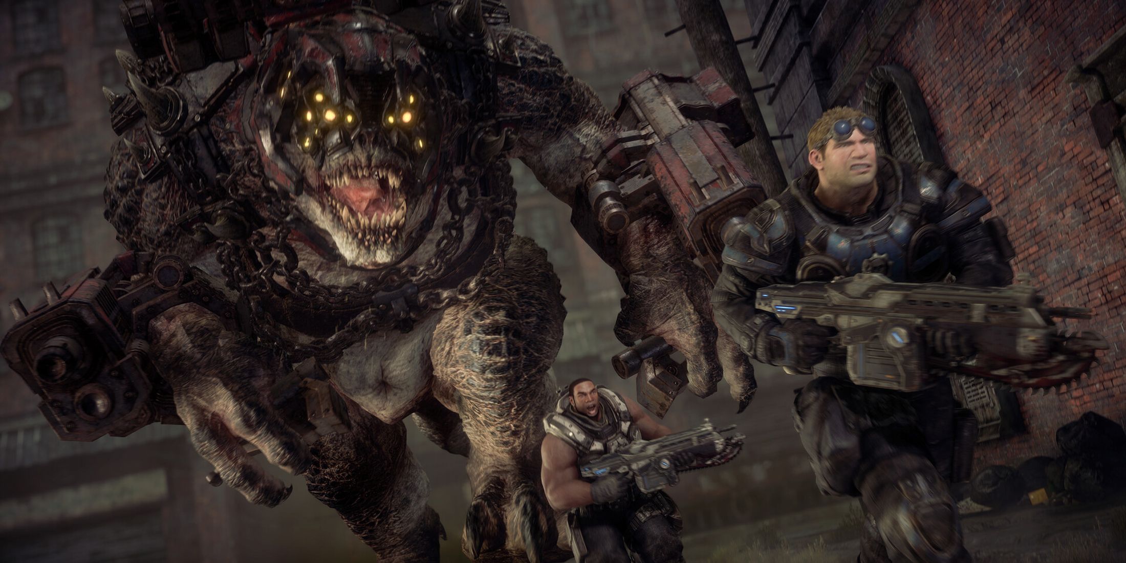 Cole and Baird running away from a giant Locust enemy in Gears of War Reloaded.