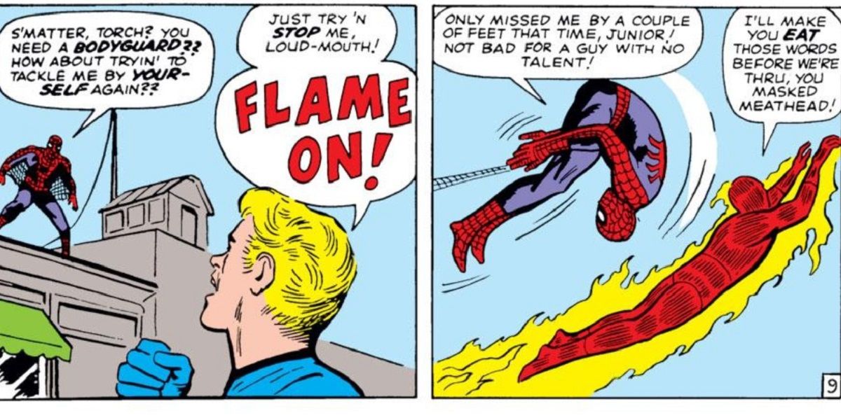 Spider-Man fights the The Human Torch in Marvel Comics.