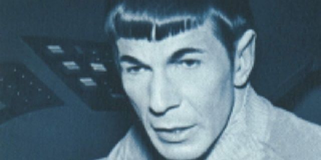 Leonard Nimoy as Spock in Star Trek with airbrushed ears and eyebrows.
