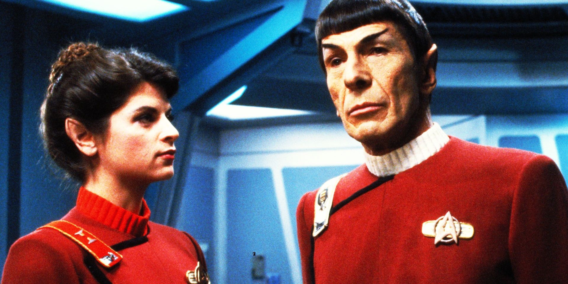 Leonard Nimoy as Spock and Kirstie Alley as Saavik in Star Trek II: The Wrath of Khan.