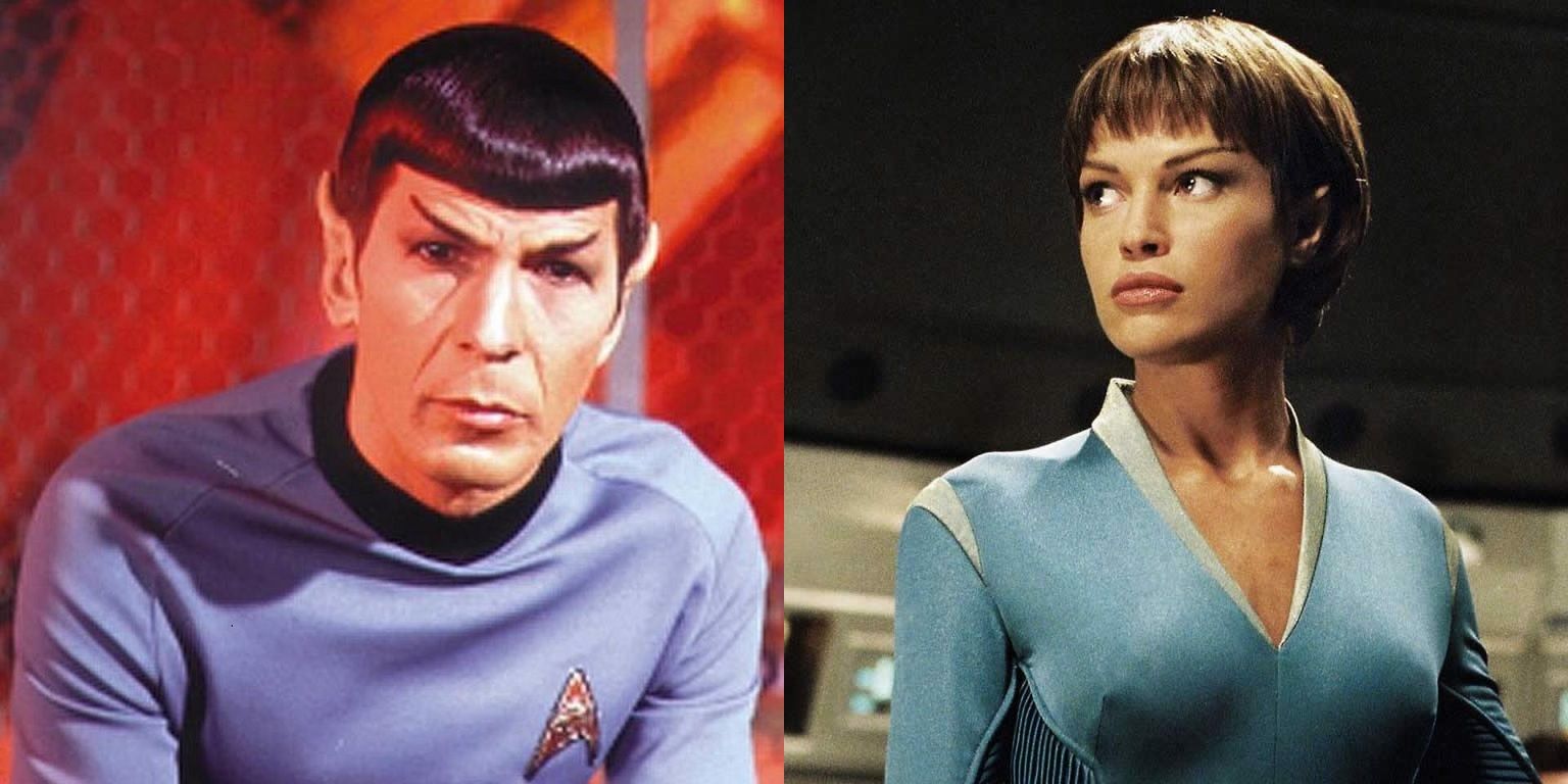 Leonard Nimoy as Spock and Jolene Blalock as T'Pol in Star Trek: Enterprise.