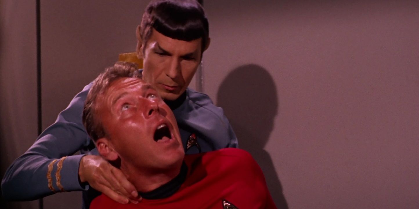 Leonard Nimoy as Spock performing the Vulcan nerve pinch on Star Trek.