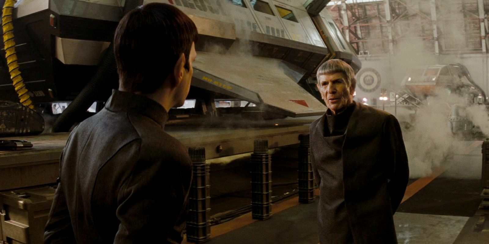 New Spock, Zachary Quinto, meets Old Spock, Leonard Nimoy in 2009's Star Trek.