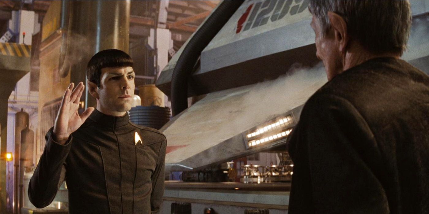 Zachary Quinto showing the Vulcan salute as Spock in Star Trek.