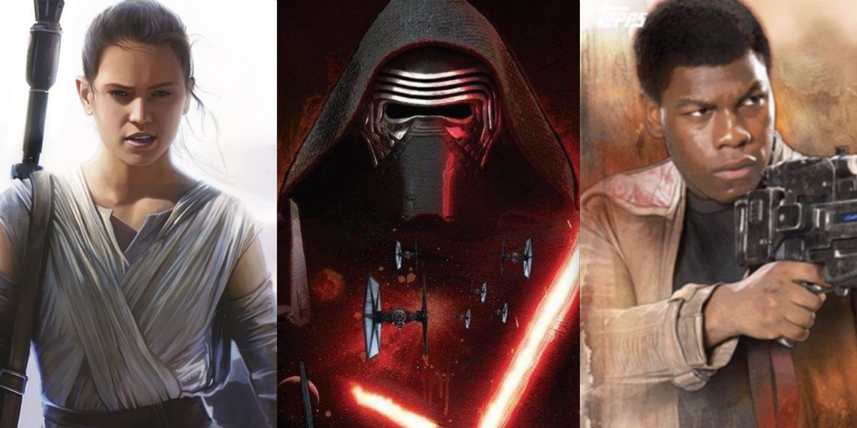 Star Wars: The Force Awakens characters - Rey, Kylo Renn, and Finn