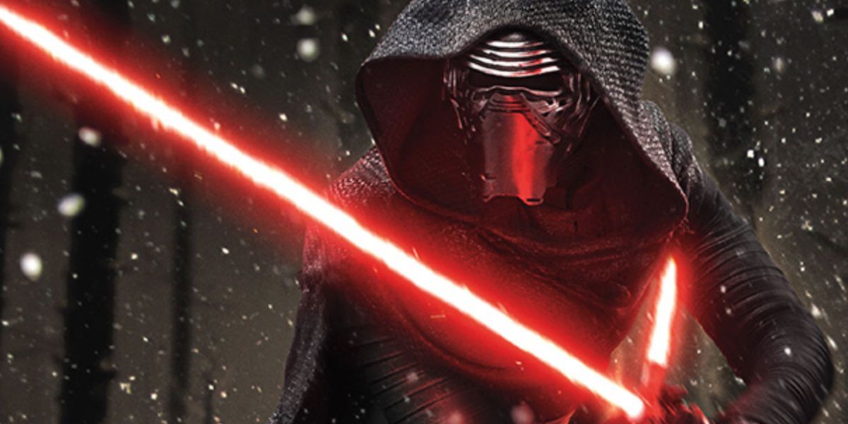 Kylo Ren wielding his red lightsaber in the snow in Star Wars: The Force Awakens