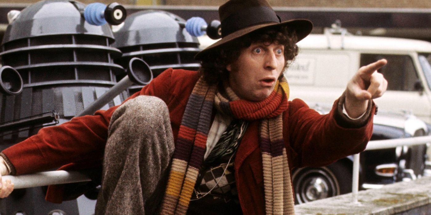 The Fourth Doctor pointing to the distance in Doctor Who.
