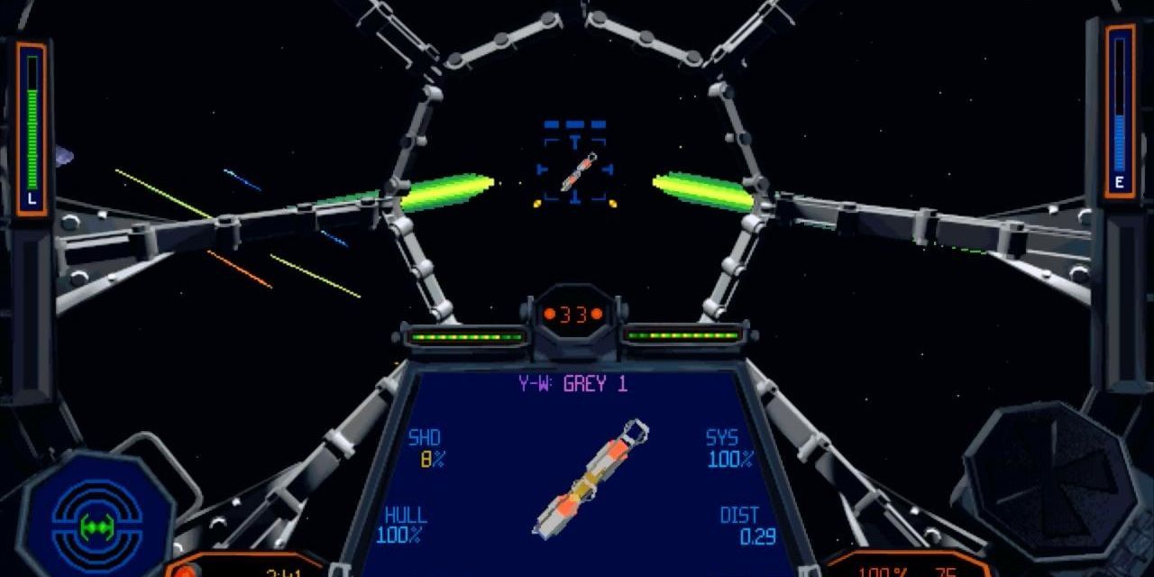 Gameplay image from the cockpit in Star Wars TIE FIghter