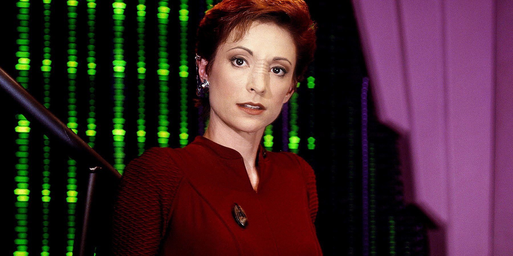 Nana Visitor as Major Kira on Star Trek: Deep Space Nine. 