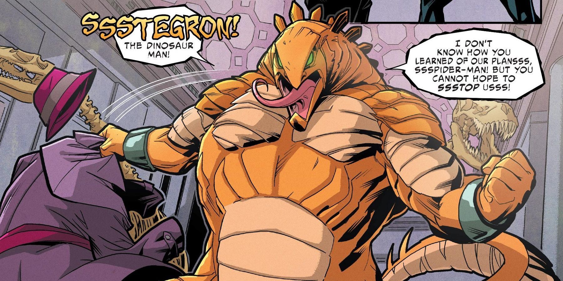 Stegron The Dinosaur Man attacks in Marvel Comics.