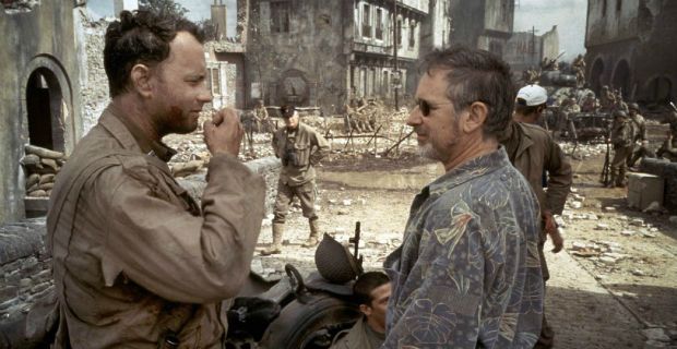 Tom Hanks and Steven Spielberg filming Saving Private Ryan