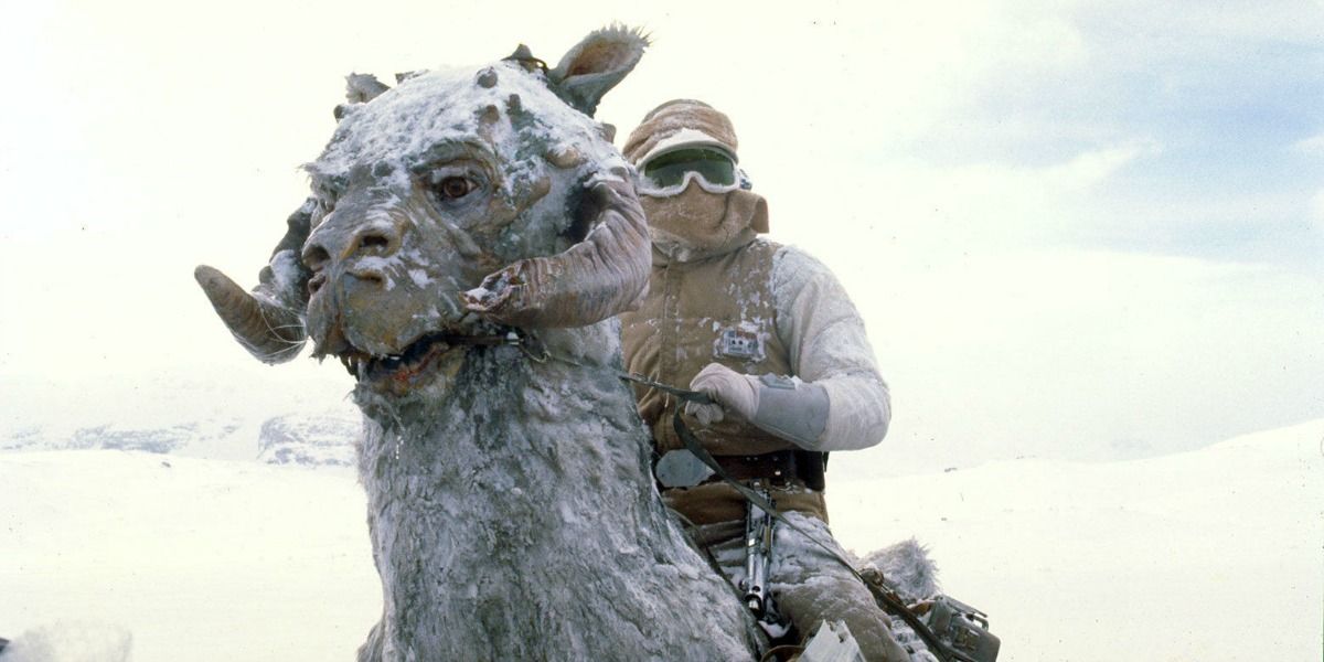 Luke Skywalker rides a Tauntaun and explores the crashed meteor on Hoth in The Empire Strikes Back