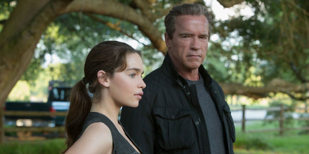 Emilia Clarke and Arnold Schwarzenegger in Terminator Genisys