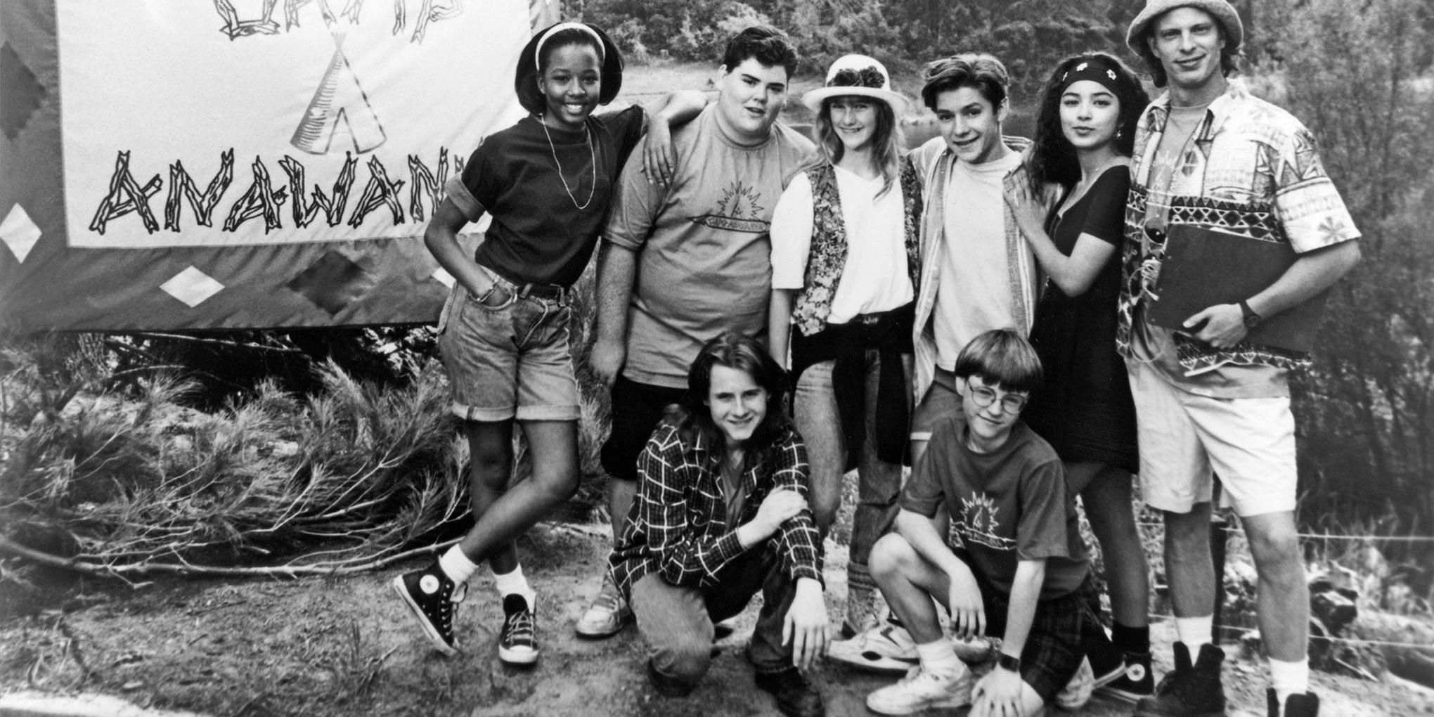 Salute Your Shorts cast in front of a Camp Anawanna sign