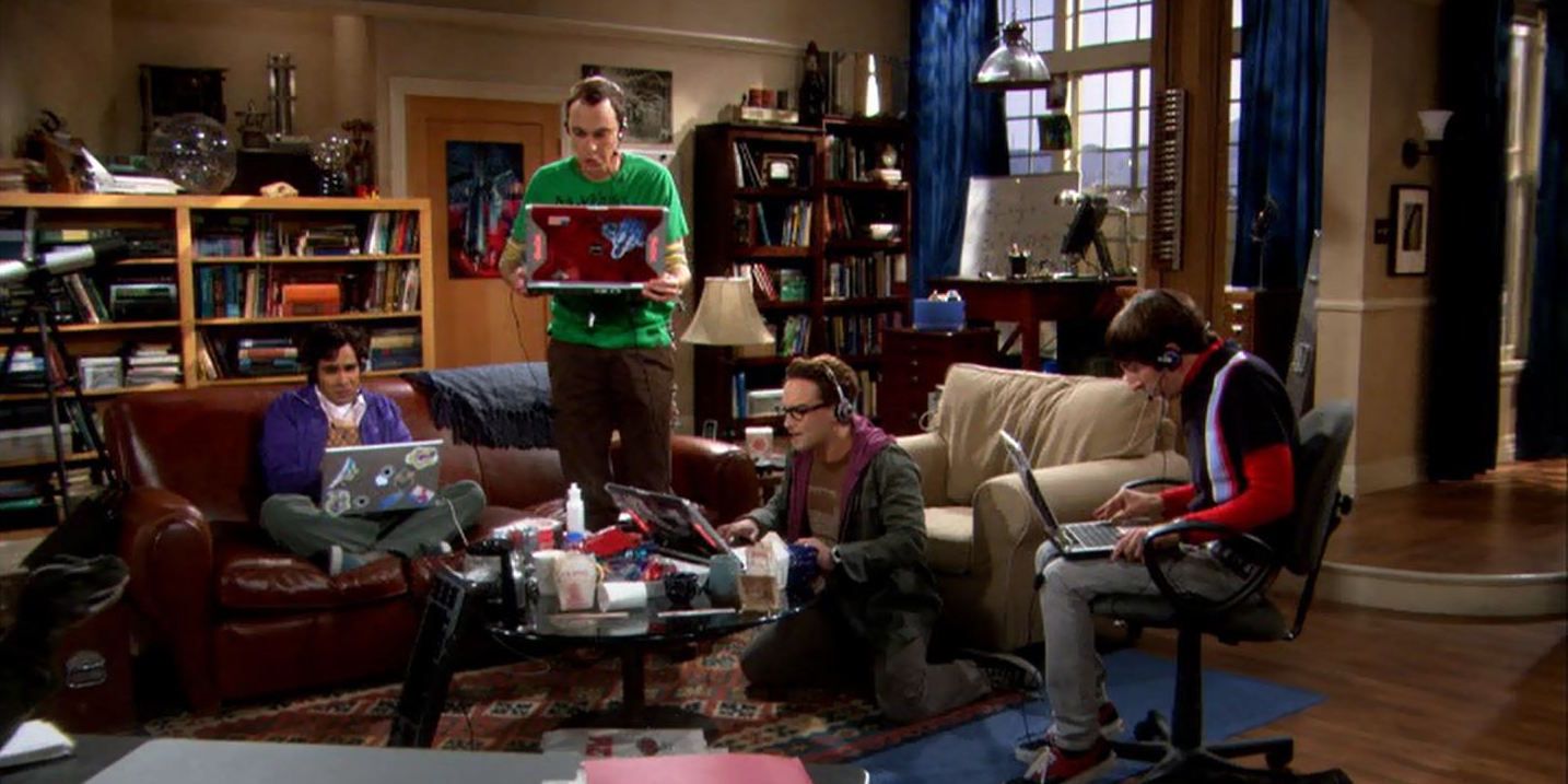 Leonard, Sheldon, Raj, and Howard playing computer games in The Big Bang Theory