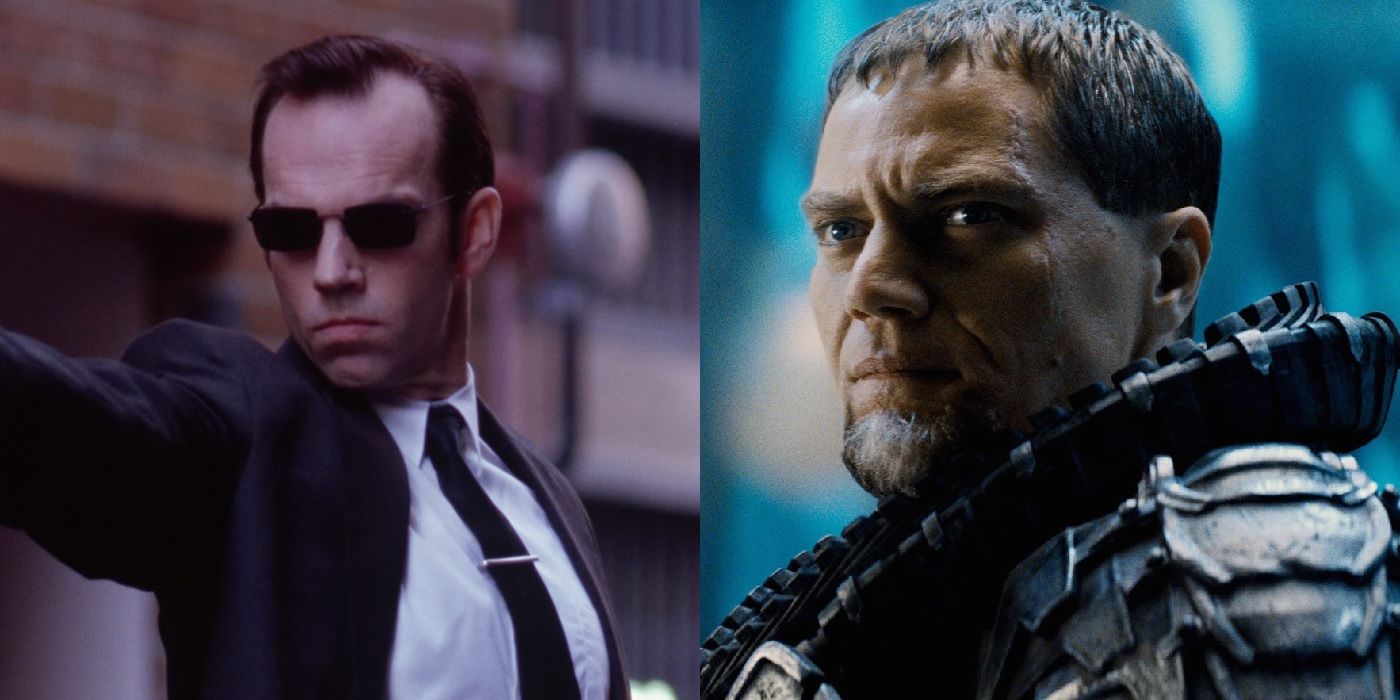 Hugo Weaving as Agent Smith in The Matrix, with Michael Shannon as Zod in Batman v Superman