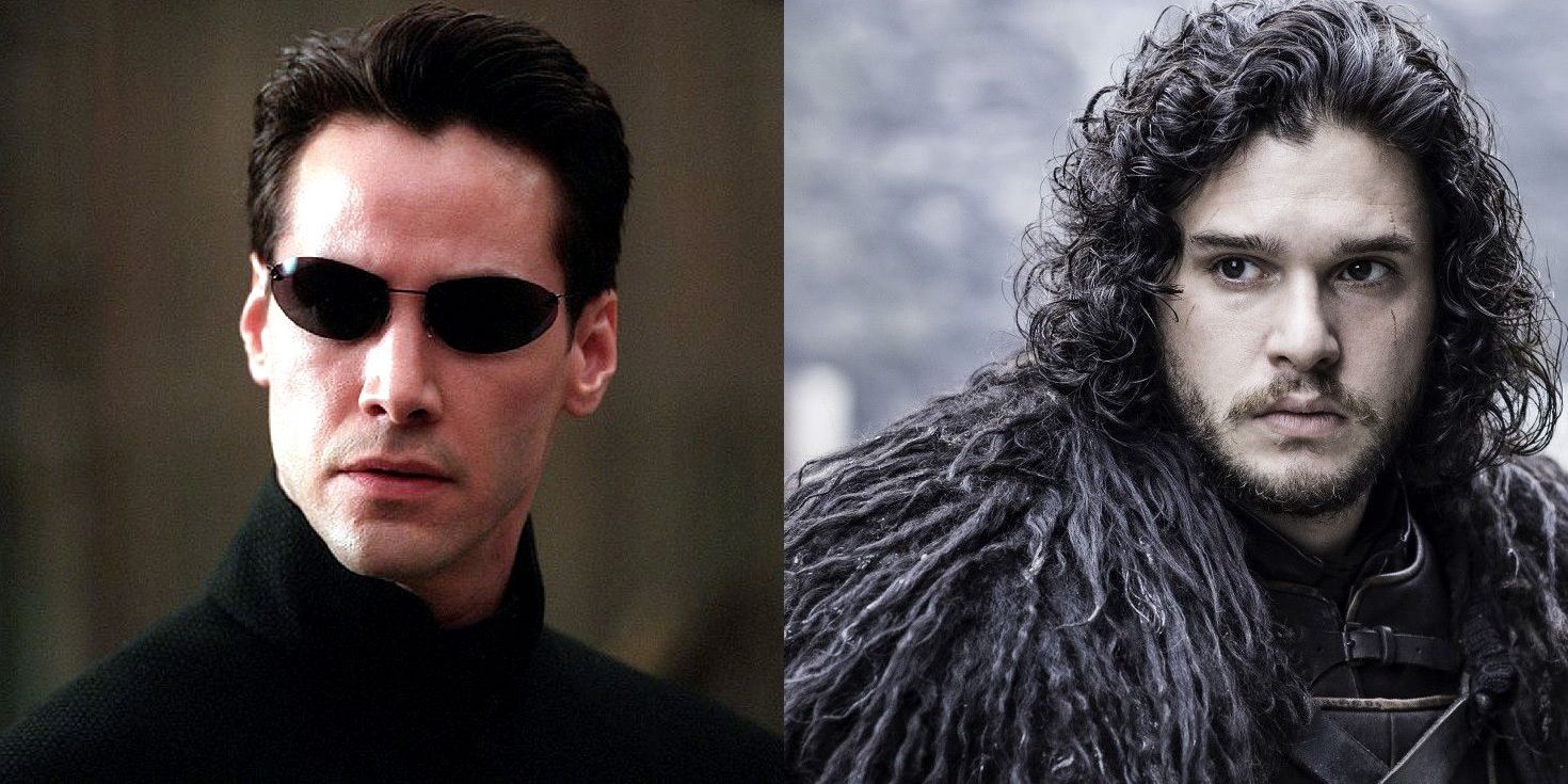 Keanu Reeves as Neo in The Matrix, with Kit Harrington as Jon Snow in Game of Thrones
