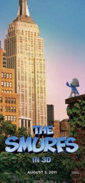 The Smurfs in 3D movie poster with the Chrysler Building