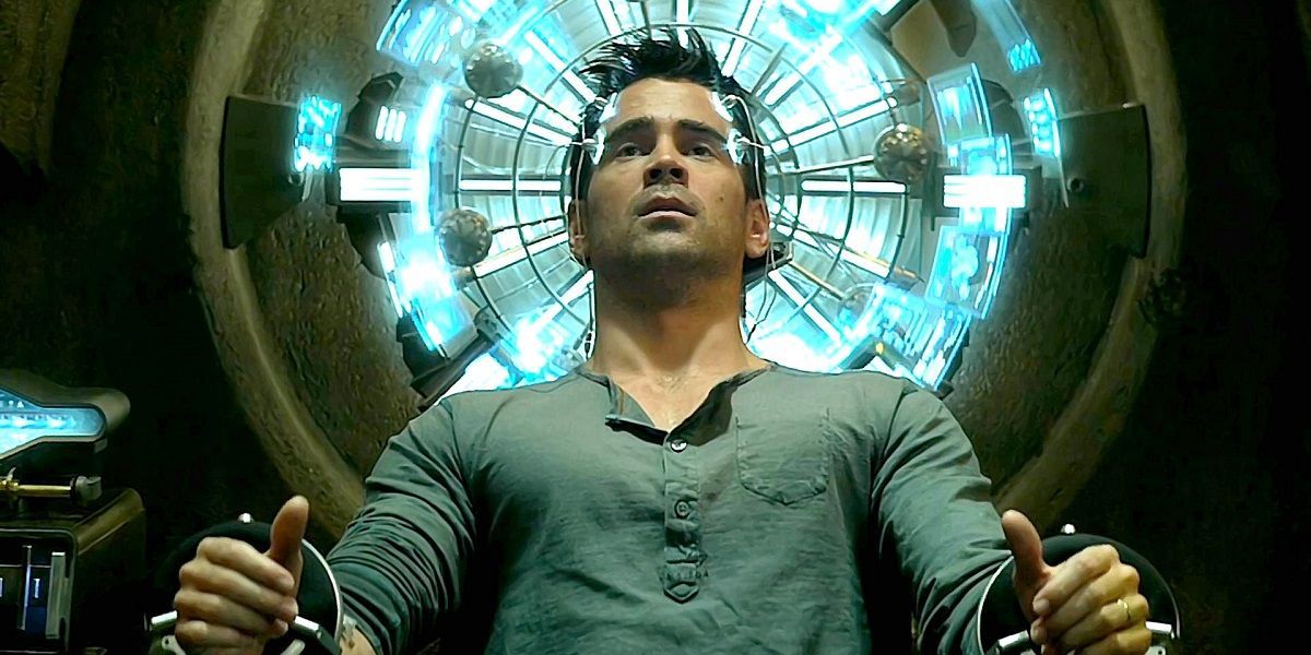 Colin Farrell in Total Recall remake sitting in chair with head attached to some sort of machine