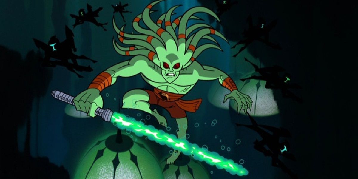 Kit Fisto using his lightsaber underwater in Clone Wars