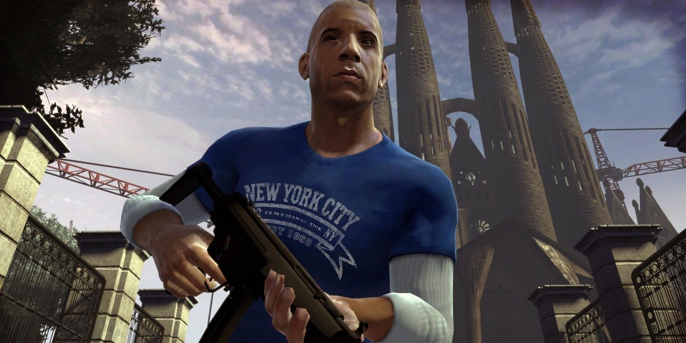 Milo Burik holding a gun with la Sagrada Familia in the background