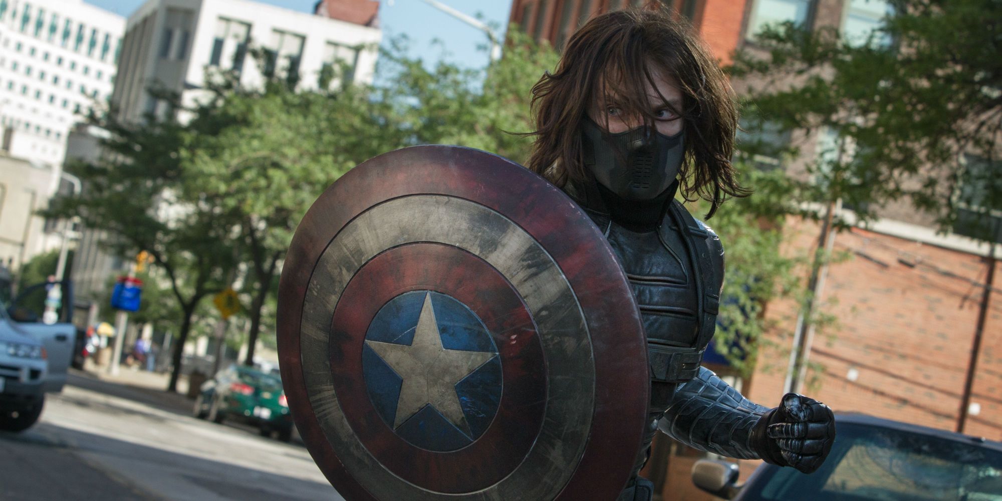 Winter Soldier holding Captain America's shield