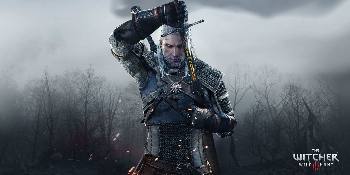 Geralt empunhando sua espada em The Witcher 3 Wild Hunt.