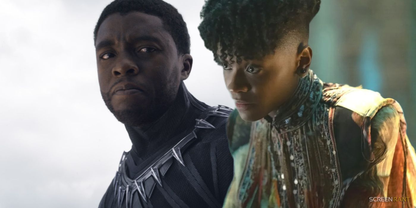 Chadwick Boseman as T'Challa in Captain America Civil War and Letitia Wright as Shuri in Black Panther Wakanda Forever