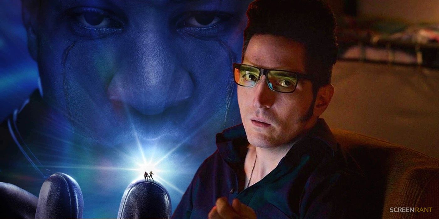 David Dastmalchian as Kurt in Ant-Man movies superimposed over Jonathan Majors as Kang