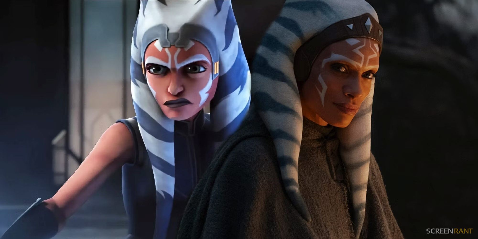 Ahsoka in animation as Ahsoka in live-action portrayed by Rosario Dawson