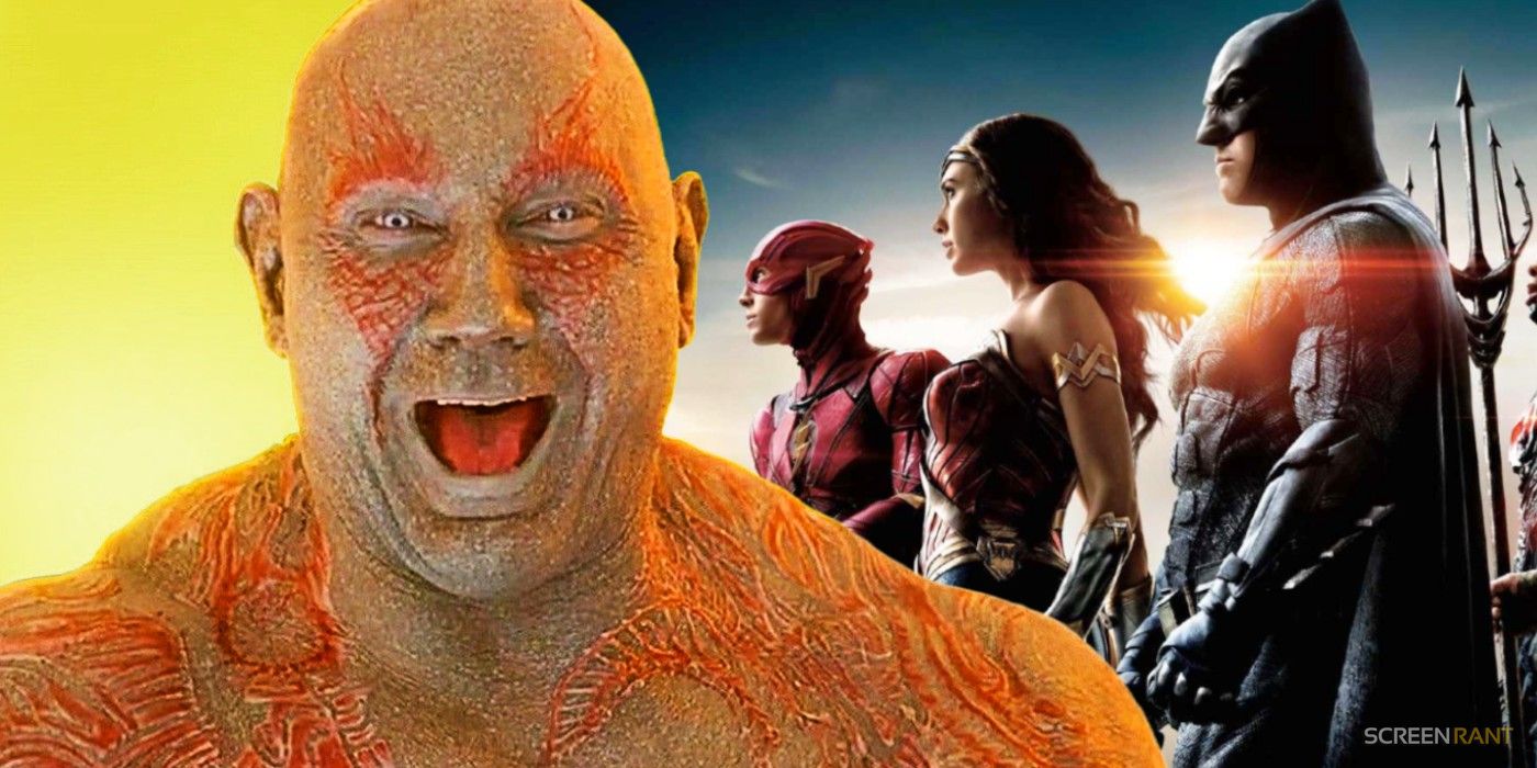 Dave Bautista as Drax laughing superimposed over the Justice League