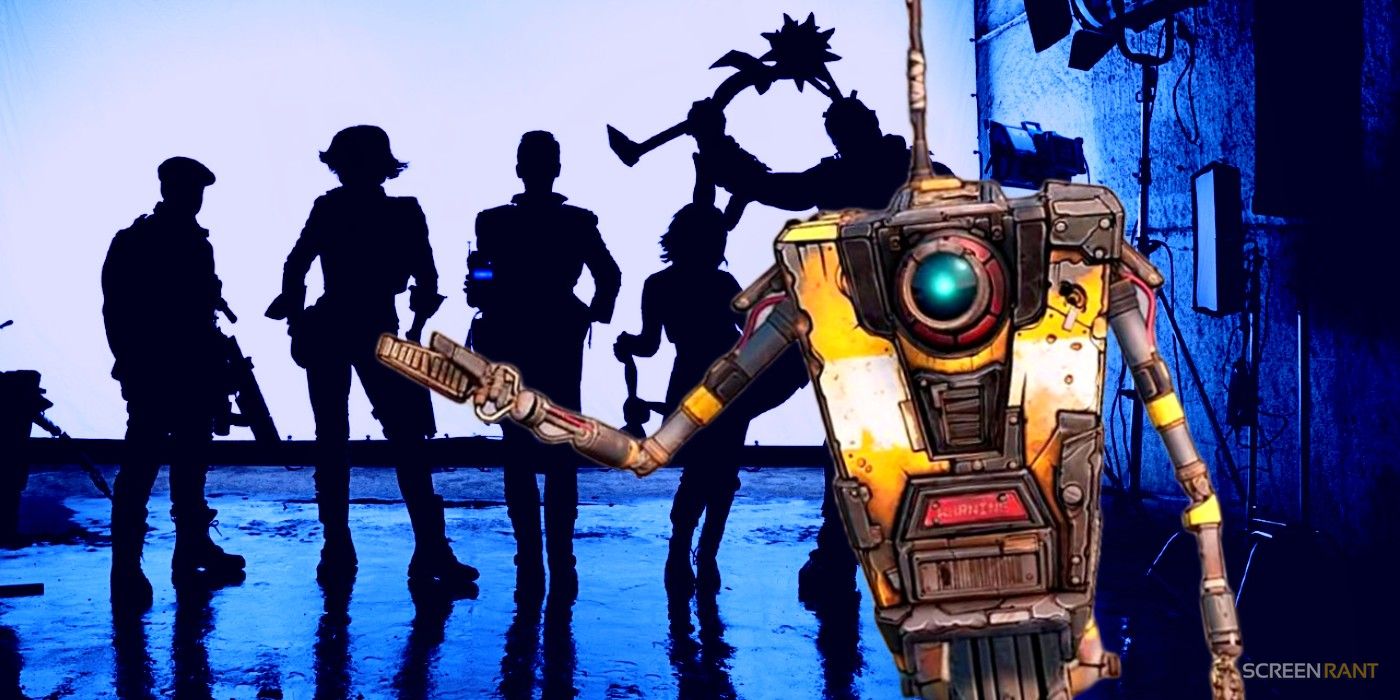 Borderlands movie cast in sillouette with Claptrap from the games superimposed over