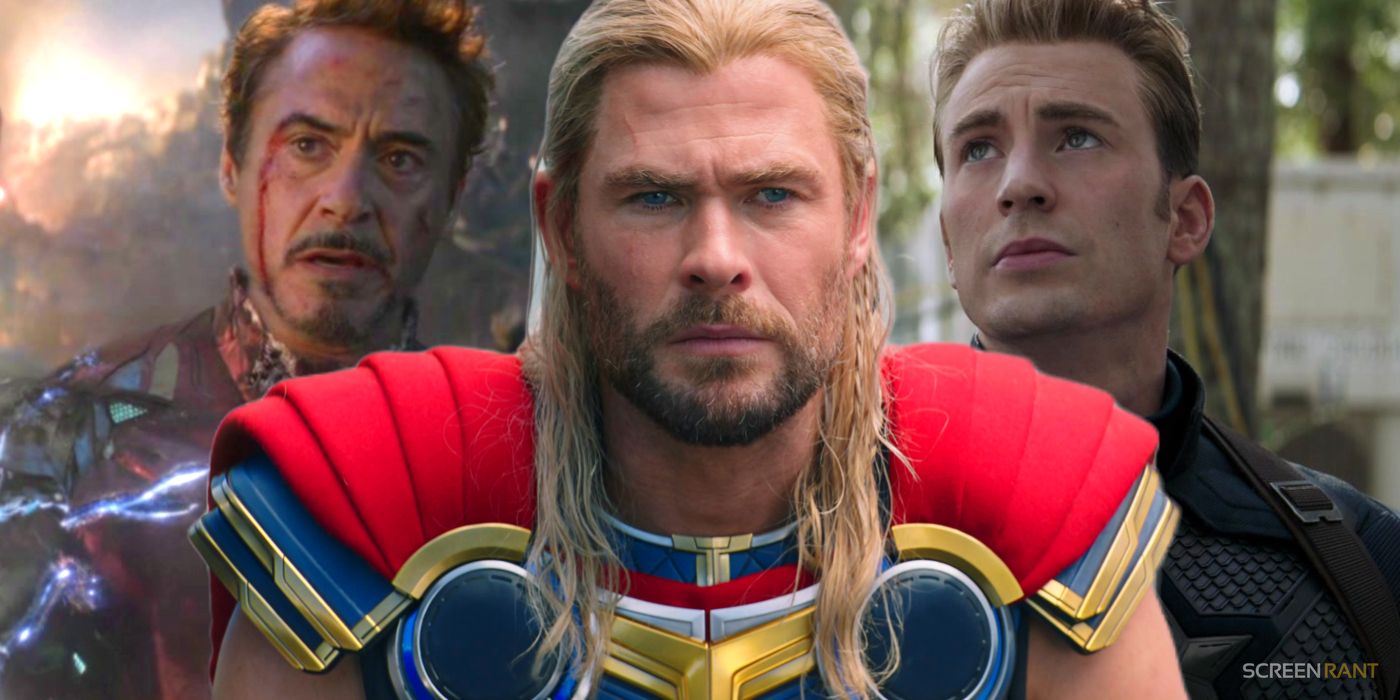 Chris Hemsworth as Thor, Robert Downey Jr as Iron Man, and Chris Evans as Captain America