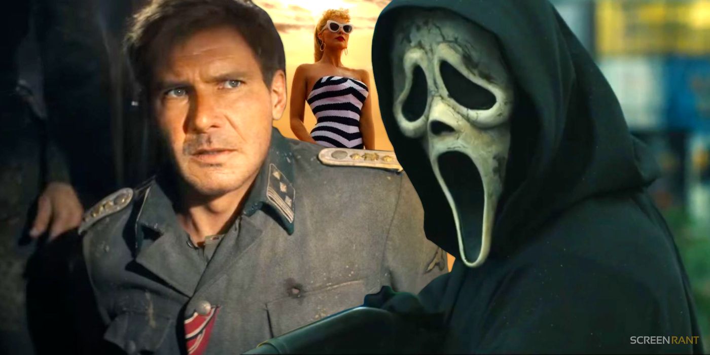 Harrison Ford in Indiana Jones and the Dial of Destiny, Margot Robbie in Barbie, and Ghostface in Scream 6