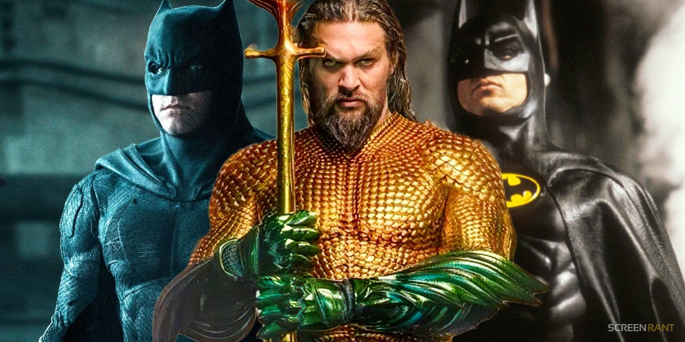 Jason Momoa Aquaman superimposed over Ben Affleck Batman and Michael Keaton Batman
