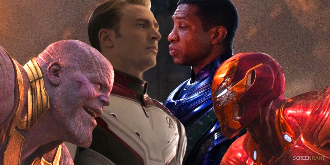 Josh Brolin as Thanos, Chris Evans as Captain America, and Robert Downey Jr as Iron Man in Avengers Endgame, and Jonathan Majors as Kang in Ant-Man and the Wasp Quantumania