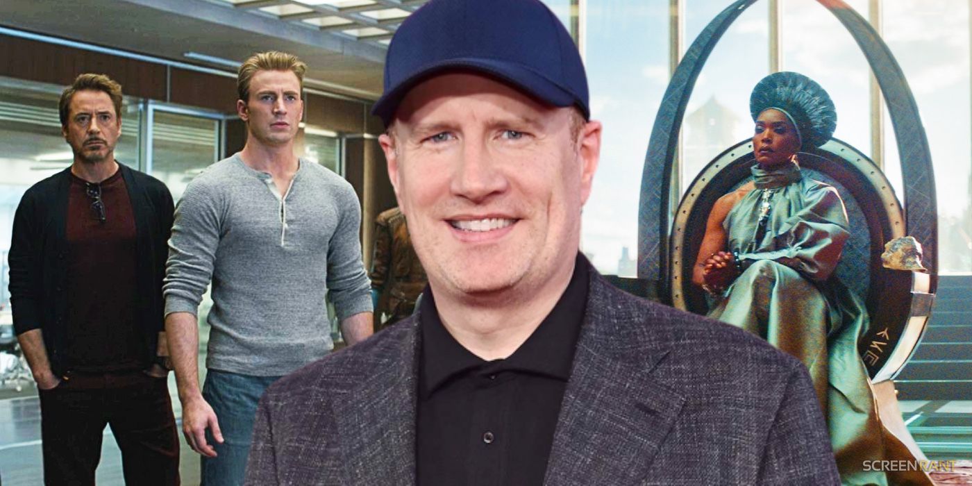 Kevin Feige in front of scenes from Endgame and Wakanda Forever