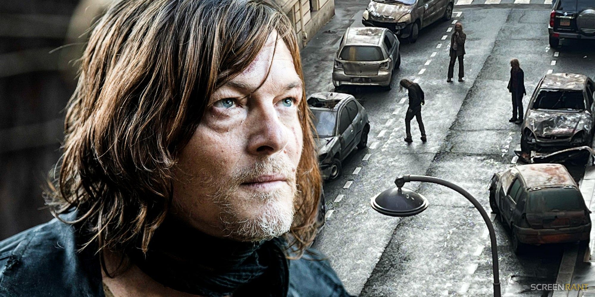Norman Reedus as Daryl superimposed over set photo of zombies in Paris