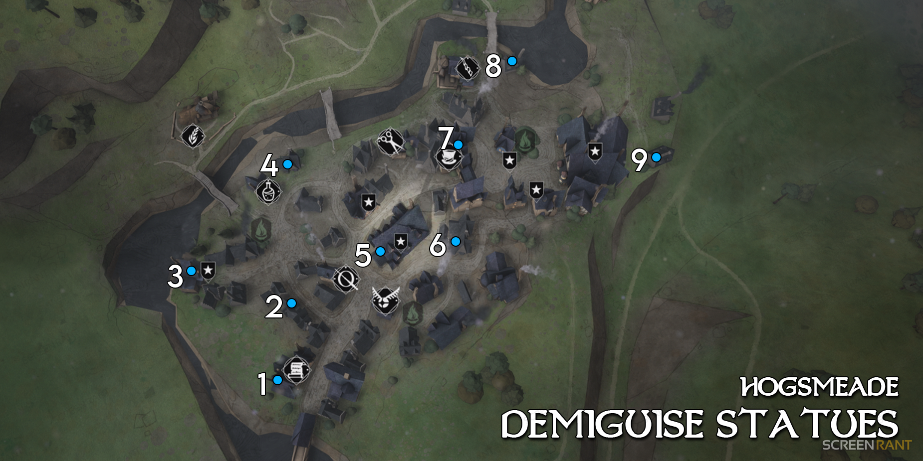 Hogsmeade demiguise statue locations in old Hogwarts map
