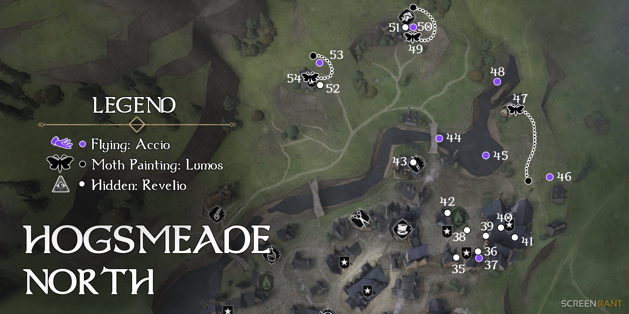 map showing field guide page locations in hogsmeade in hogwarts legacy
