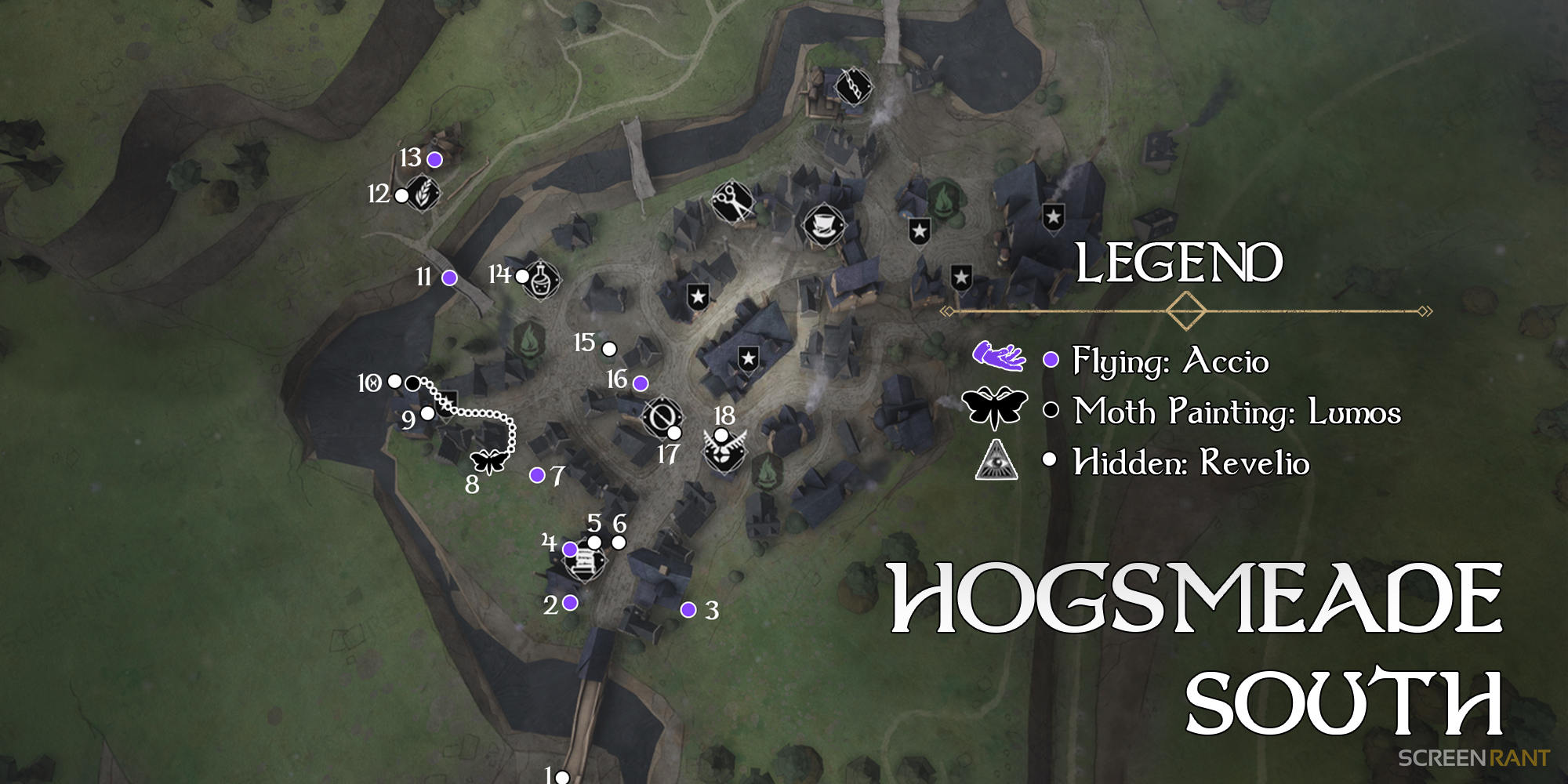 map showing field guide page locations in hogsmeade hogwarts legacy 