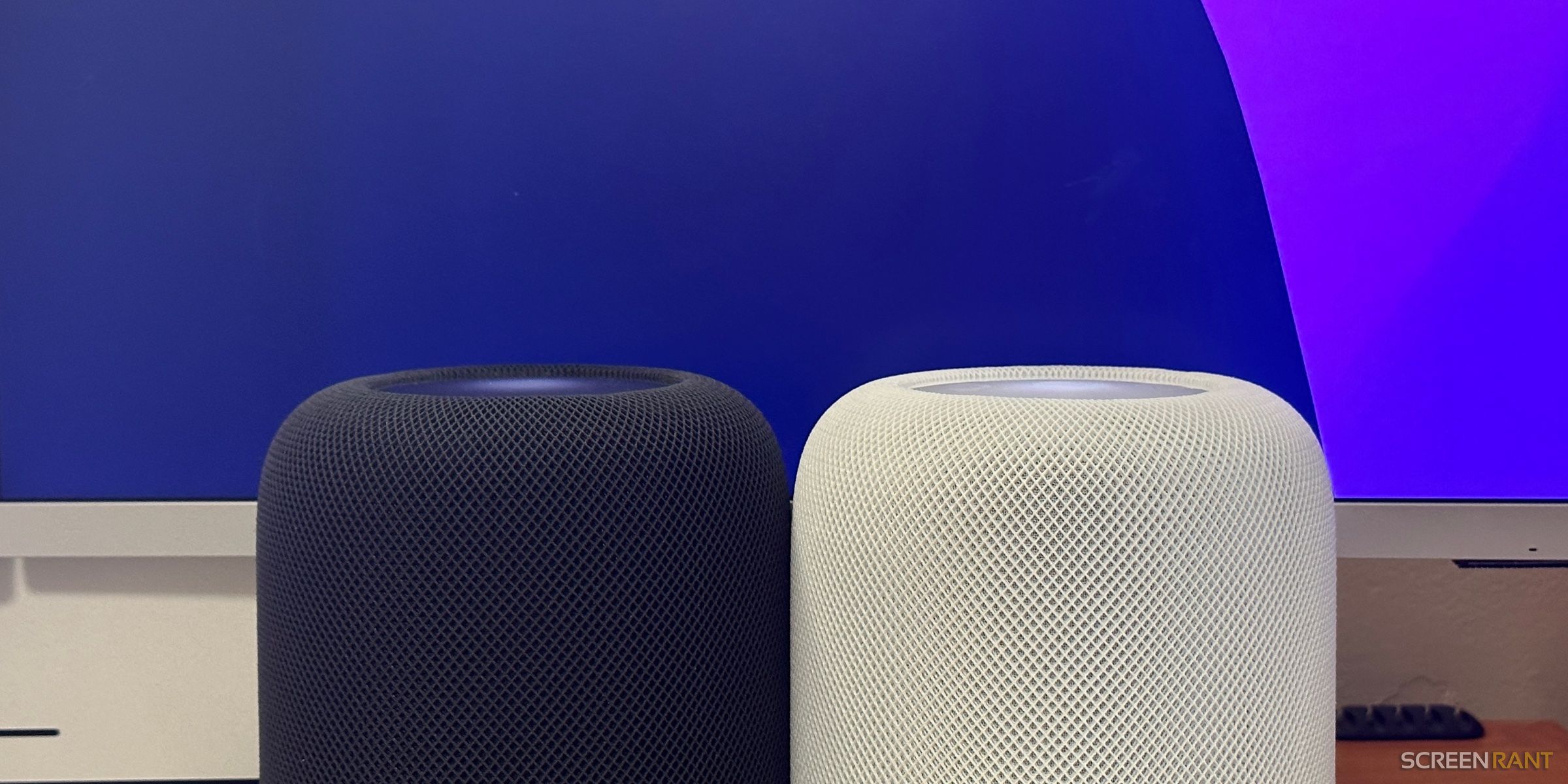 A white and midnight-colored HomePod forming a Stereo Pair.