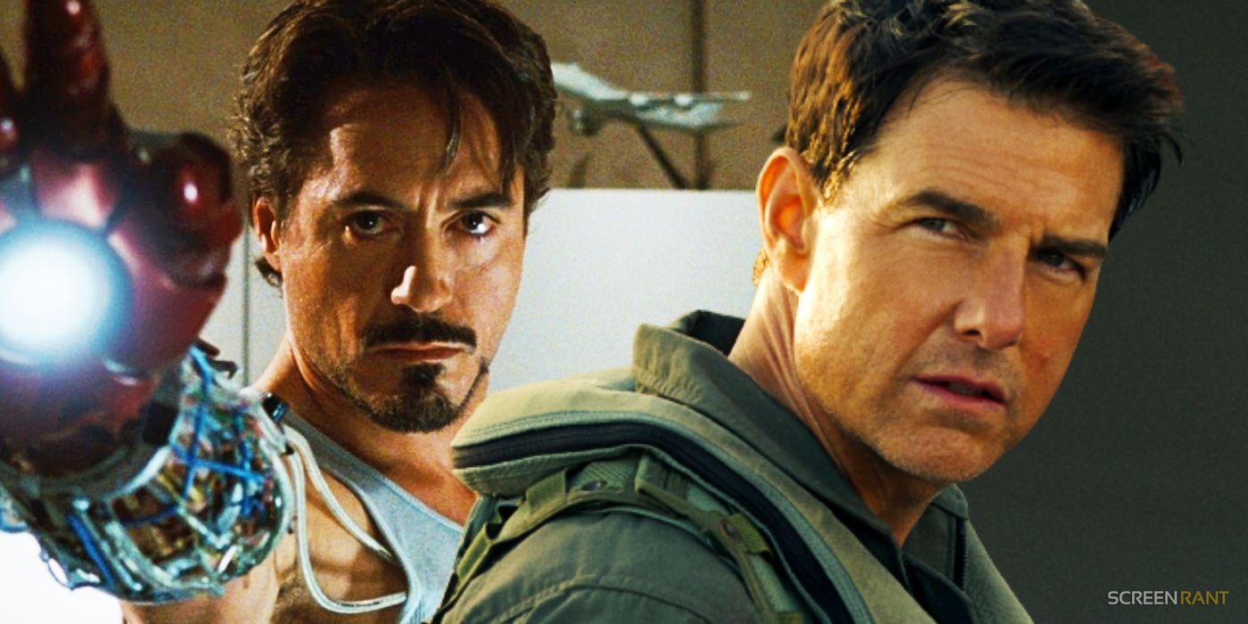 Robert Downey Jr. as Tony Stark in Iron Man and Tom Cruise as Pete Mitchell in Top Gun: Maverick