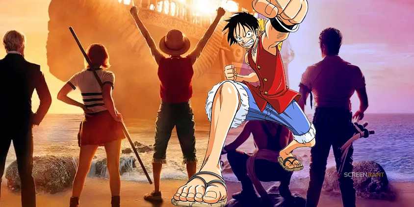 Luffy from One Piece anime superimposed over Netflix live-action show poster