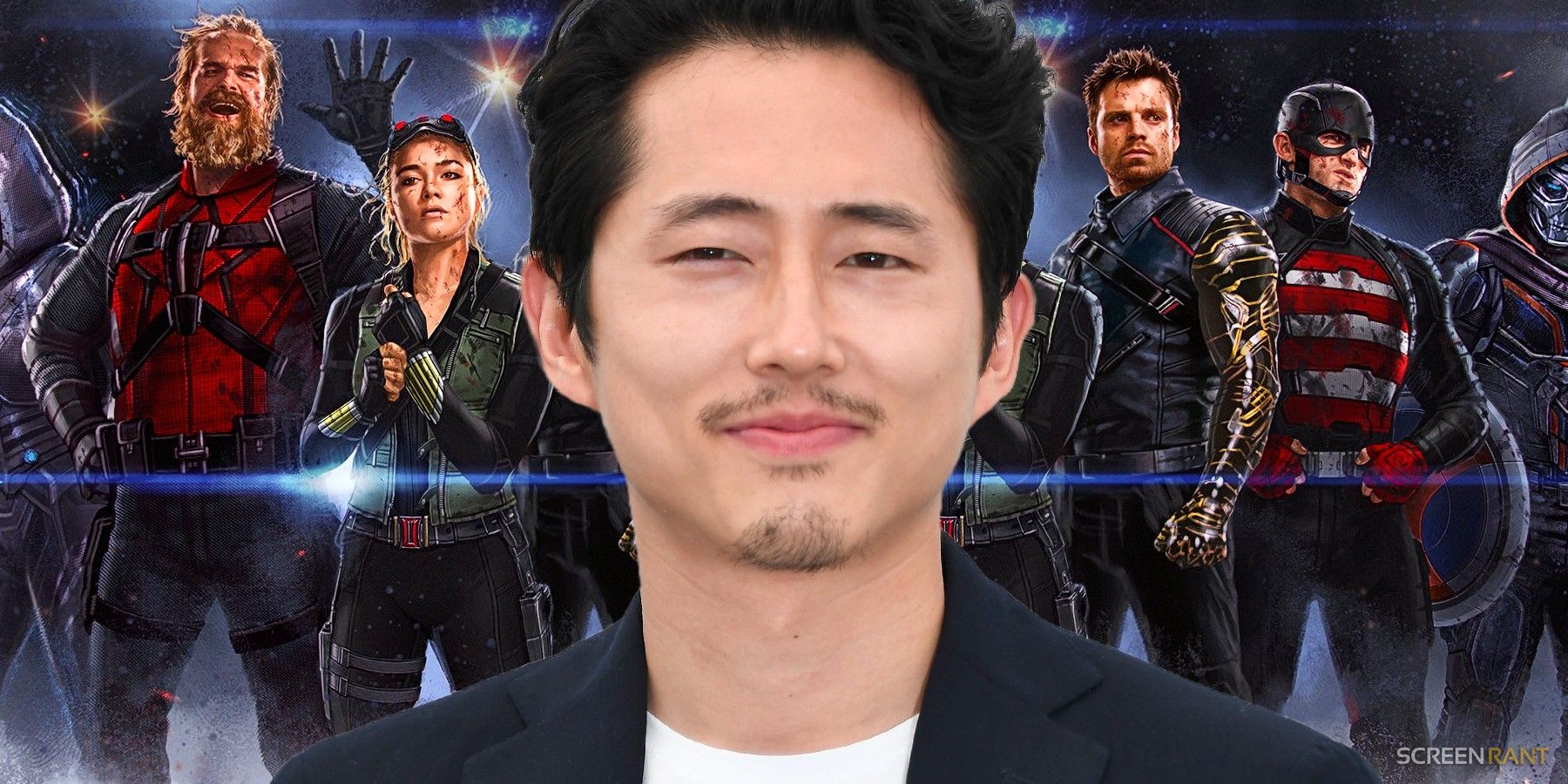 Steven Yeun overlayed with the concept art for THunderbolts