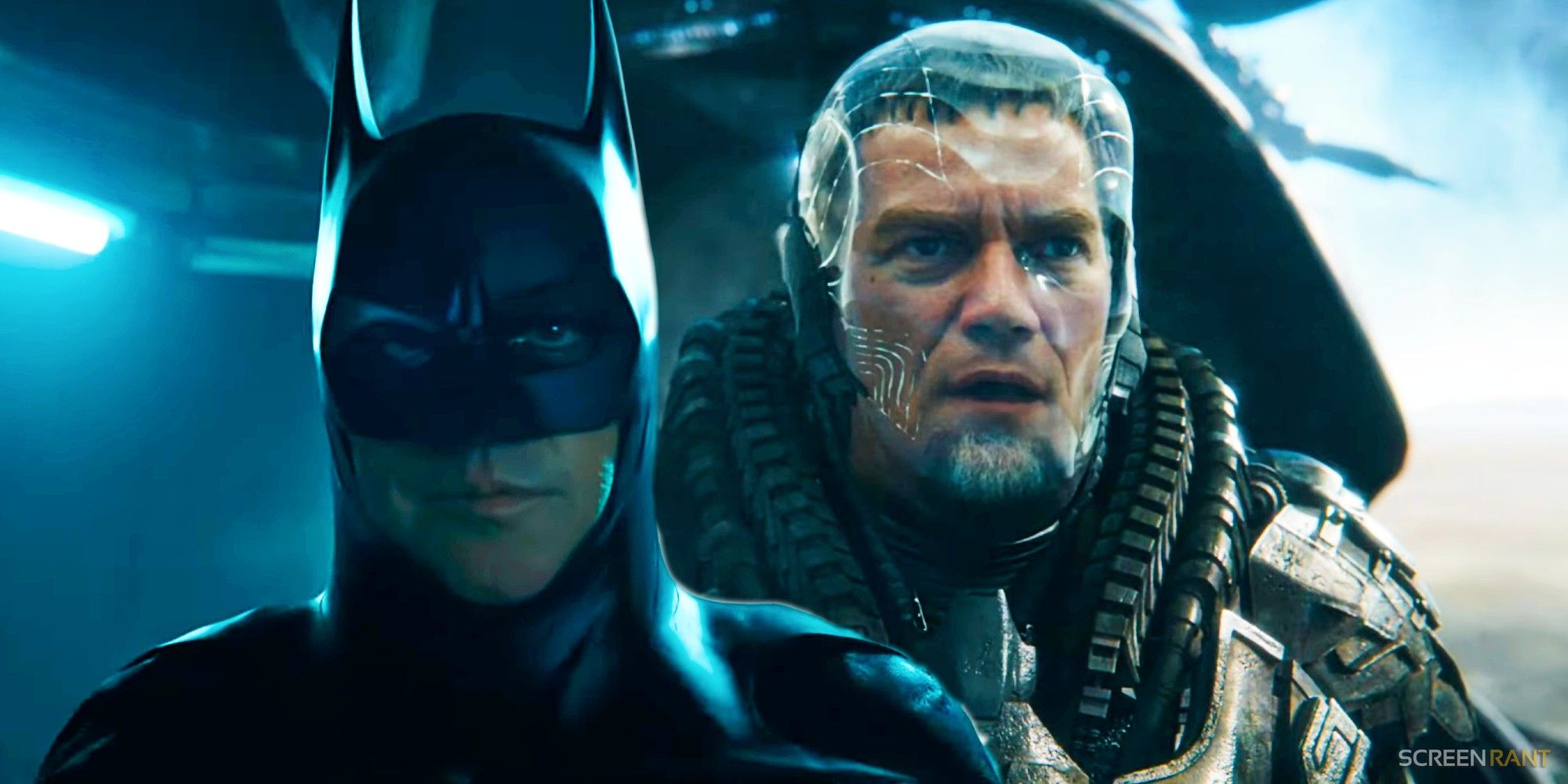 Michael Keaton as Batman and Michael Shannon as Zod in The Flash movie